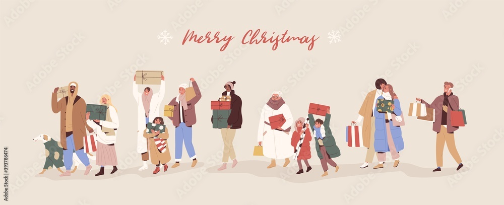 Horizontal banner with happy people walking and carrying wrapped gift boxes and Merry Christmas inscription. Men and women preparing presents for Xmas and New year. Colorful flat vector illustration