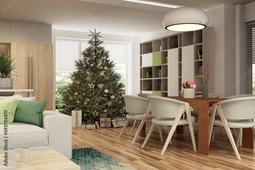 Fototapeta premium New year tree in scandinavian style interior with christmas decoration