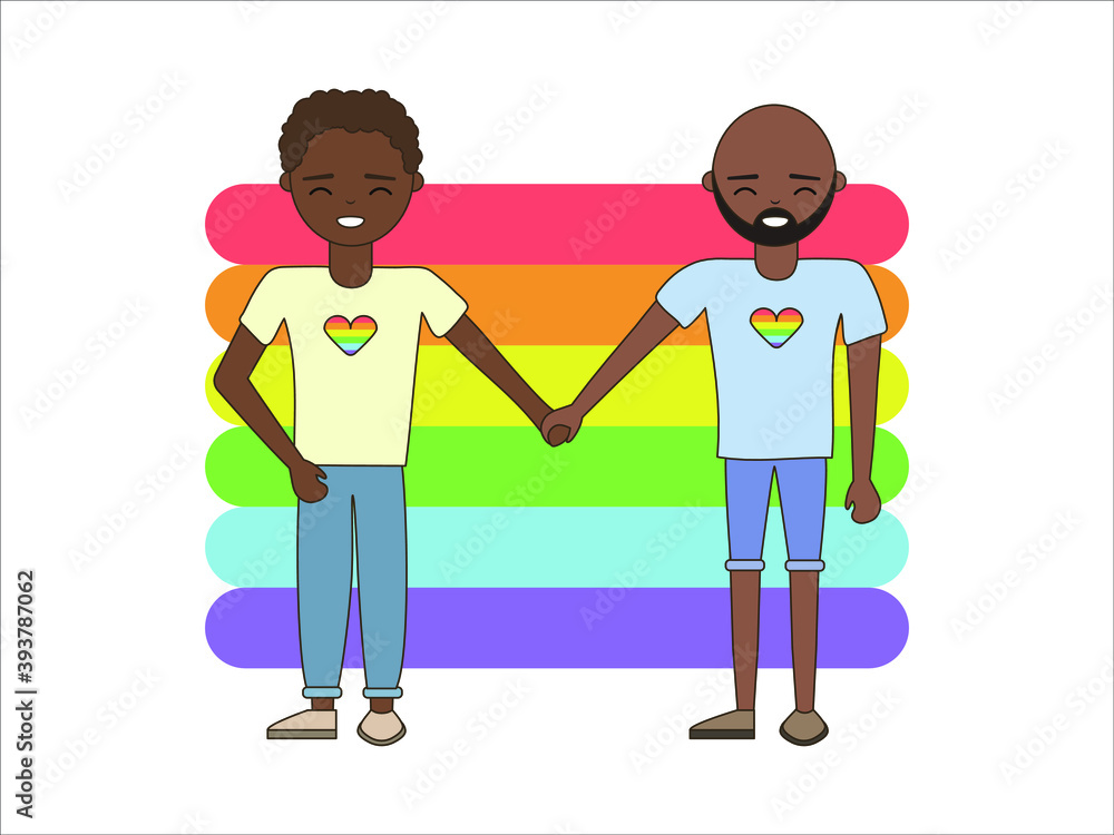 Guys in love hold hands against a rainbow background. Isolated vector image in eps format. Guys in love hold hands against a rainbow background. Isolated vector image in eps format.