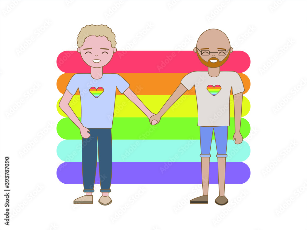 Guys in love hold hands against a rainbow background. Isolated vector image in eps format.