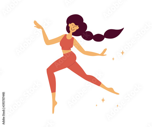 Happy inspired girl dancing enjoying life. Self care, love yourself, body positive. Confident woman moving flying gait. Athletic young lady flutters in stars. Female power. Freedom vector illustration
