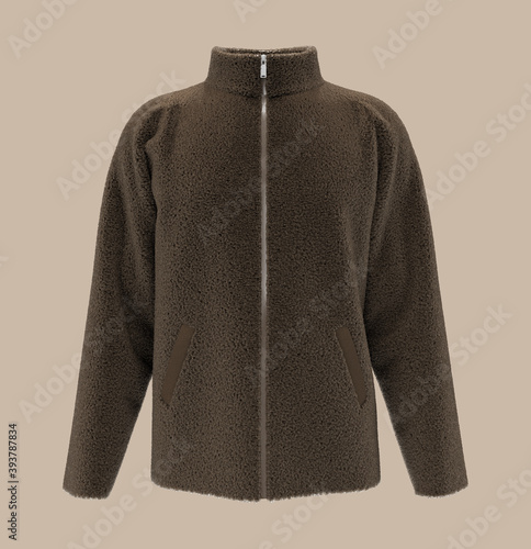 Fleece tracksuit top jacket with zip design, sportswear, track front view, 3d illustration, 3d rendering photo