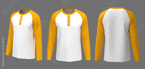 Foto Blank raglan henley t-shirt with long sleeve mockup, front view, design presenta