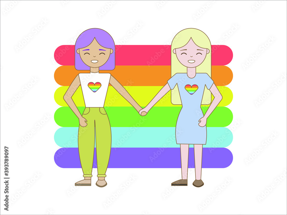 Girls in love hold hands against a rainbow background. Isolated vector image in eps format. Girls in love hold hands against a rainbow background. Isolated vector image in eps format.