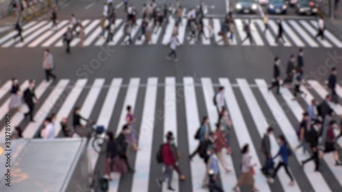 Wallpaper Mural TOKYO, JAPAN : Aerial high angle view of crowd of people walking at zebra crossing in rush hour. Commuters at the street. Japanese city life style, business and work concept. Slow motion blurred shot. Torontodigital.ca