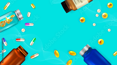 Pharmacology background, medicine card, Pharmacy Posters, healthcare presentation, Medication Concept. Template design with drugs and Pills,  capsules. Copy space