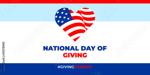 Giving Tuesday, NATIONAL DAY OF GIVING. Vector banner, poster, card for social media with the text GIVINGTUESDAY. It takes place the Tuesday after Thanksgiving.