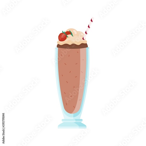 Glass of cold chocolate milk shake decorated with topping and strawberries. C...