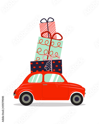 Retro car carrying pile of Christmas presents. Clip art vector isolated on white.