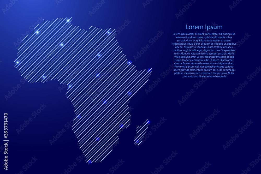 Africa map from blue pattern slanted parallel lines and glowing space stars grid. Vector illustration.