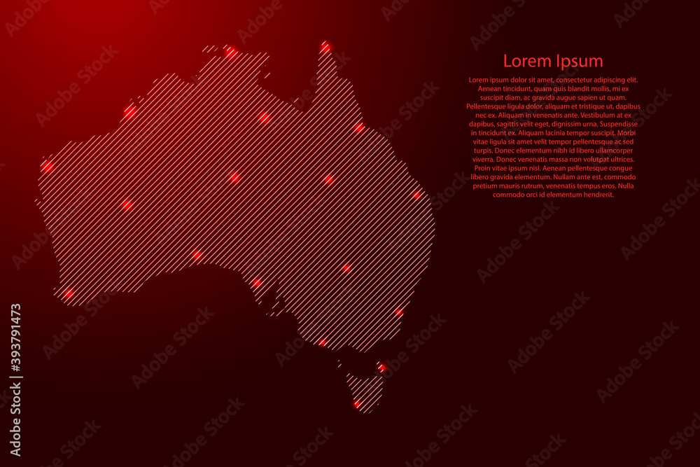 Australia map from red pattern slanted parallel lines and glowing space stars grid. Vector illustration.