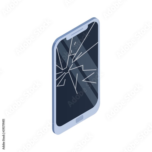 Tablet with crashed screen. Damaged smartphone with shattered touchscreen. Crushed device with scratches on display. Vector isometric illustration of smashed cell phone isolated on white background