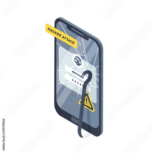 Concept of smartphone under hacker attack, phishing and personal data theft. Accident of cybercrime, account hacking or profile breakage. Device with crashed display. Vector isometric illustration