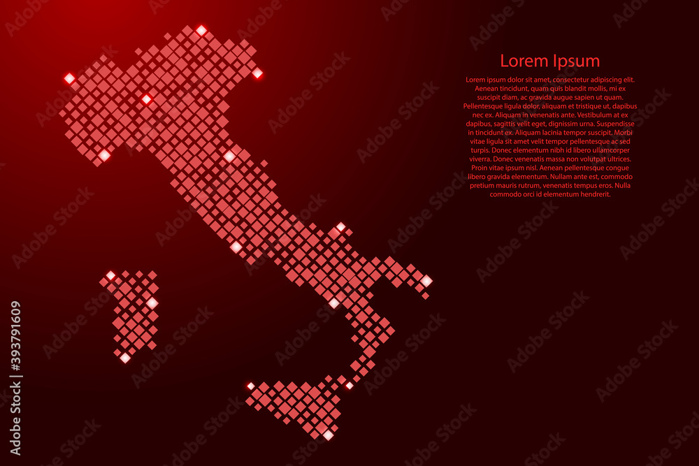 Italy map from red pattern rhombuses of different sizes and glowing space stars grid. Vector illustration.