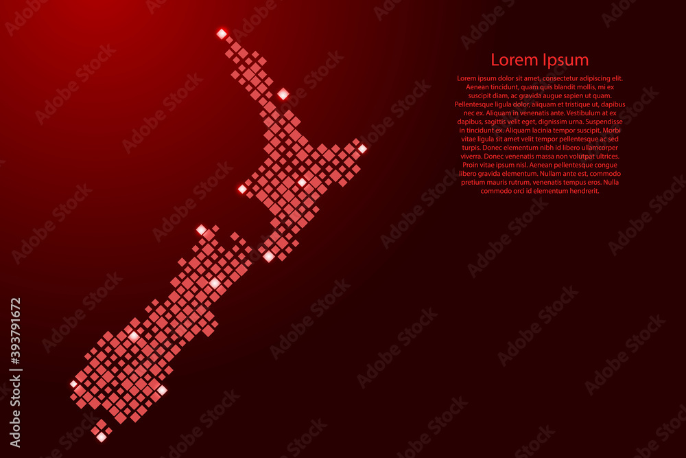 New Zealand map from red pattern rhombuses of different sizes and glowing space stars grid. Vector illustration.