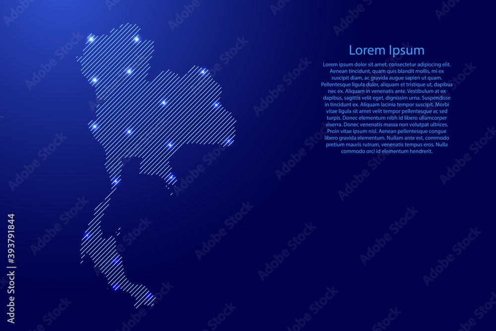 Thailand map from blue pattern slanted parallel lines and glowing space stars grid. Vector illustration.