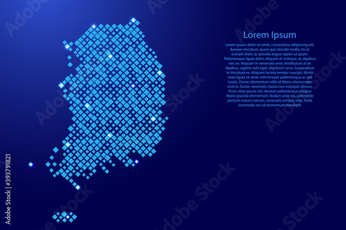 South Korea map from blue pattern rhombuses of different sizes and glowing space stars grid. Vector illustration.