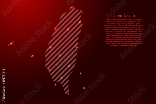 Taiwan map from red pattern slanted parallel lines and glowing space stars grid. Vector illustration.