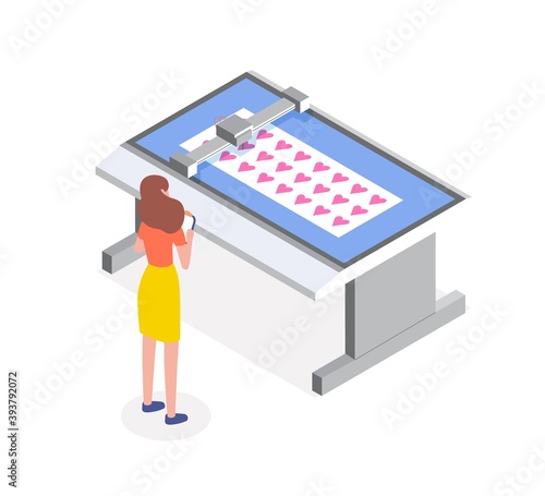Female character controlling the work process of laser cutter or engraving machine. Printing house professional equipment. Vector isometric illustration of professional printshop isolated on white