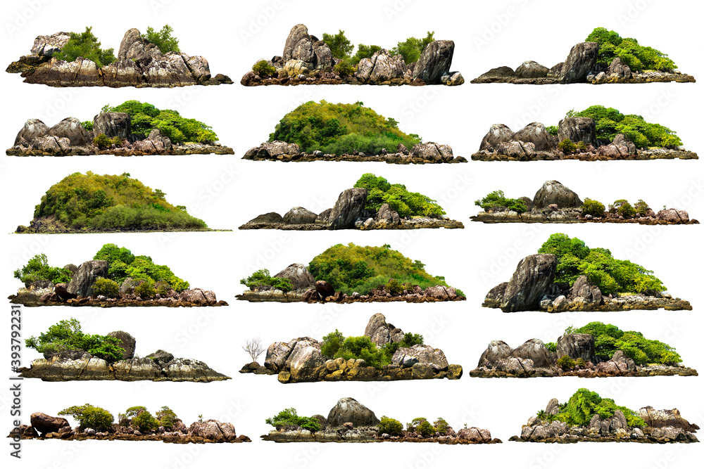 collection of trees. Mountain on the island and rocks.Isolated on White background - obrazy, fototapety, plakaty 