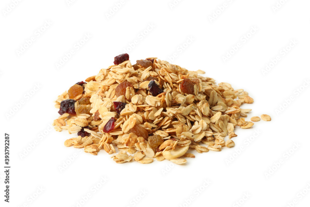 Granola with nuts and raisins isolated on white background