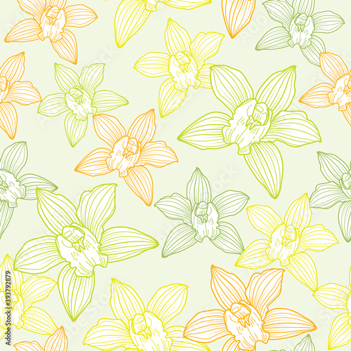 Seamless pattern of tropical orchid flowers on white background template. Vector set of blooming floral for holiday invitations, greeting card and fashion design.