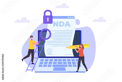 Legal restrictions,  non-disclosure agreement contract or NDA  concept. Vector illustration with tiny people.