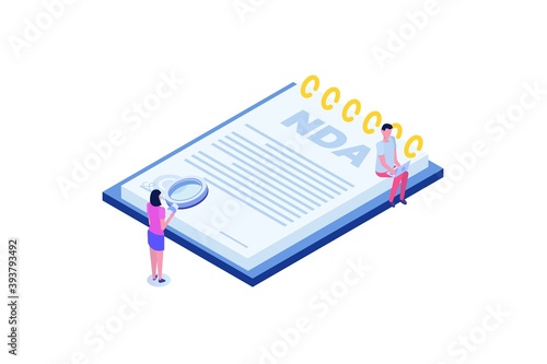 Legal restrictions,  non-disclosure agreement contract or NDA  concept. Isometric Vector illustration with tiny people.