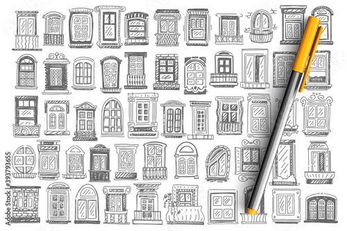 Balcony doodle set. Collection of hand drawn of different size window frames and exterior facade of buildings on white background. Architecture and outdoor design illustration.