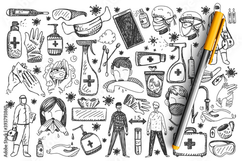 Coronavirus doodle set. Collection of hand drawn people with medical face masks using antibacterial spray and protective gloves on white background. Personal protection equipment and healthcare.