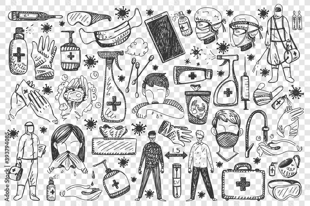 Obraz premium Coronavirus doodle set. Collection of hand drawn people with medical face masks using antibacterial spray and protective gloves on transparent background. Personal protection equipment and healthcare.