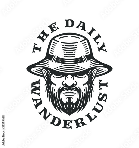 Logo head man wear Safari hat, Wide brim. Label of outdoor mountain climbing in vintage design. Wanderlust illustration