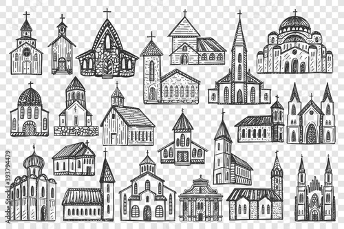Buildings doodle set. Collection of chalk pencil hand drawn of european culture architecture and national temples castles on transparent background. Europe country traditional landmarks illustration. © drawlab19