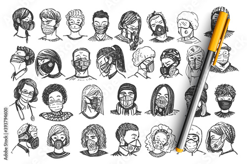 People with masks doodle set. Collection of hand drawn men women portraits with medical face respirators on transparent background. Protection from covid19 and healthcare illustration.