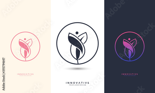 Yoga logo with leaf icon, symbol vector illustration design template