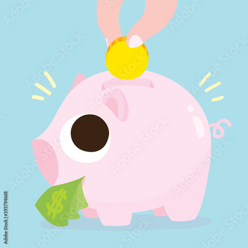 An illustration of fingers holding a coin, saving money in a pink piggy bank in blue background. The piggy bank is full of money. A vector art in pastel color cartoon style.