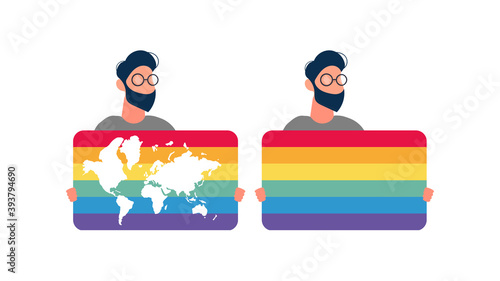 A man holding an LGBT flag. The guy is holding a banner with LGBT color. Vector.