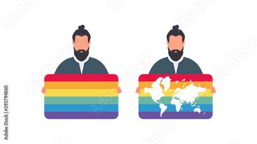 A man holding an LGBT flag. The guy is holding a banner with LGBT color. Vector.