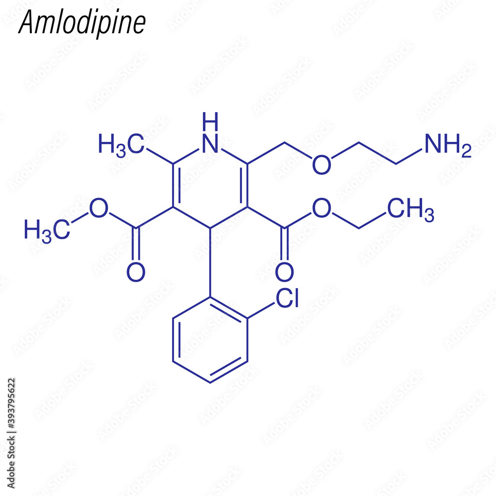 Vector Skeletal formula of Amlodipine. Drug chemical molecule. Vector Skeletal formula of Amlodipine. Drug chemical molecule.