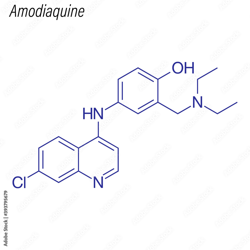 Vector Skeletal formula of Amodiaquine. Drug chemical molecule. Vector Skeletal formula of Amodiaquine. Drug chemical molecule.