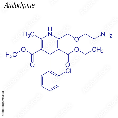 Vector Skeletal formula of Amlodipine. Drug chemical molecule.