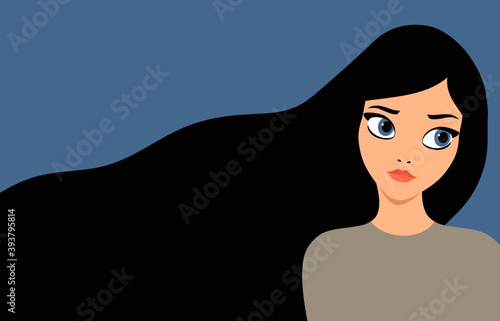 Beautiful caucasian young brunette woman with very long hair vector illustration.  
