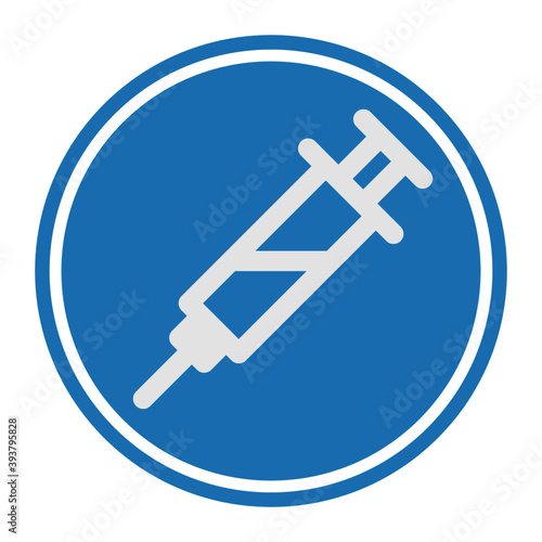 Syringe symbol with Corona Virus vaccine vector icon on blue round button