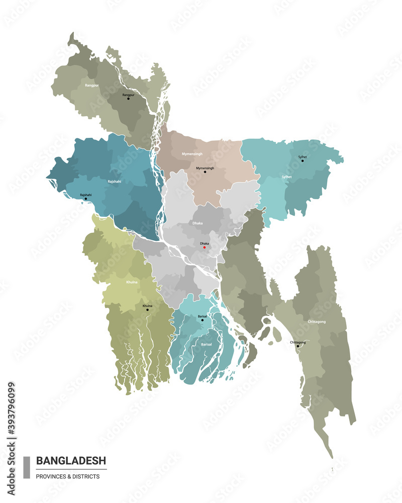 Bangladesh higt detailed map with subdivisions. Administrative map of Bangladesh with districts and cities name, colored by states and administrative districts. Vector illustration.