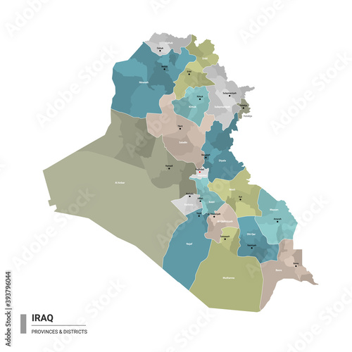 Iraq higt detailed map with subdivisions. Administrative map of Iraq with districts and cities name, colored by states and administrative districts. Vector illustration. photo
