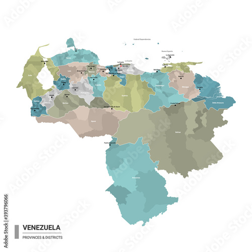 Venezuela higt detailed map with subdivisions. Administrative map of Venezuela with districts and cities name, colored by states and administrative districts. Vector illustration. photo