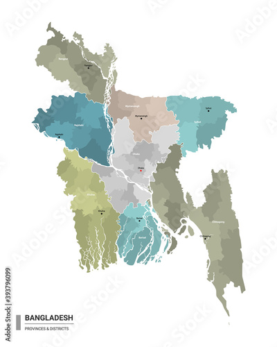 Bangladesh higt detailed map with subdivisions. Administrative map of Bangladesh with districts and cities name, colored by states and administrative districts. Vector illustration.