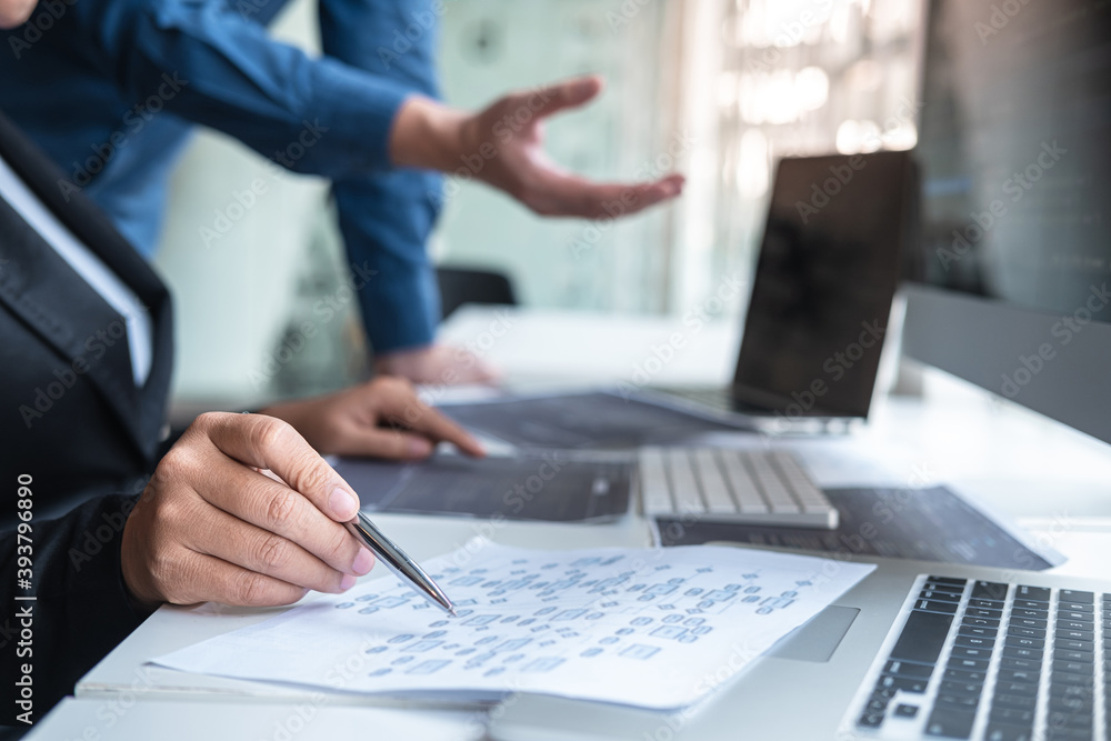 Obraz premium Professional Developer programmer cooperation meeting and brainstorming and programming in website working a software outsourcing and coding technology, writing codes and database