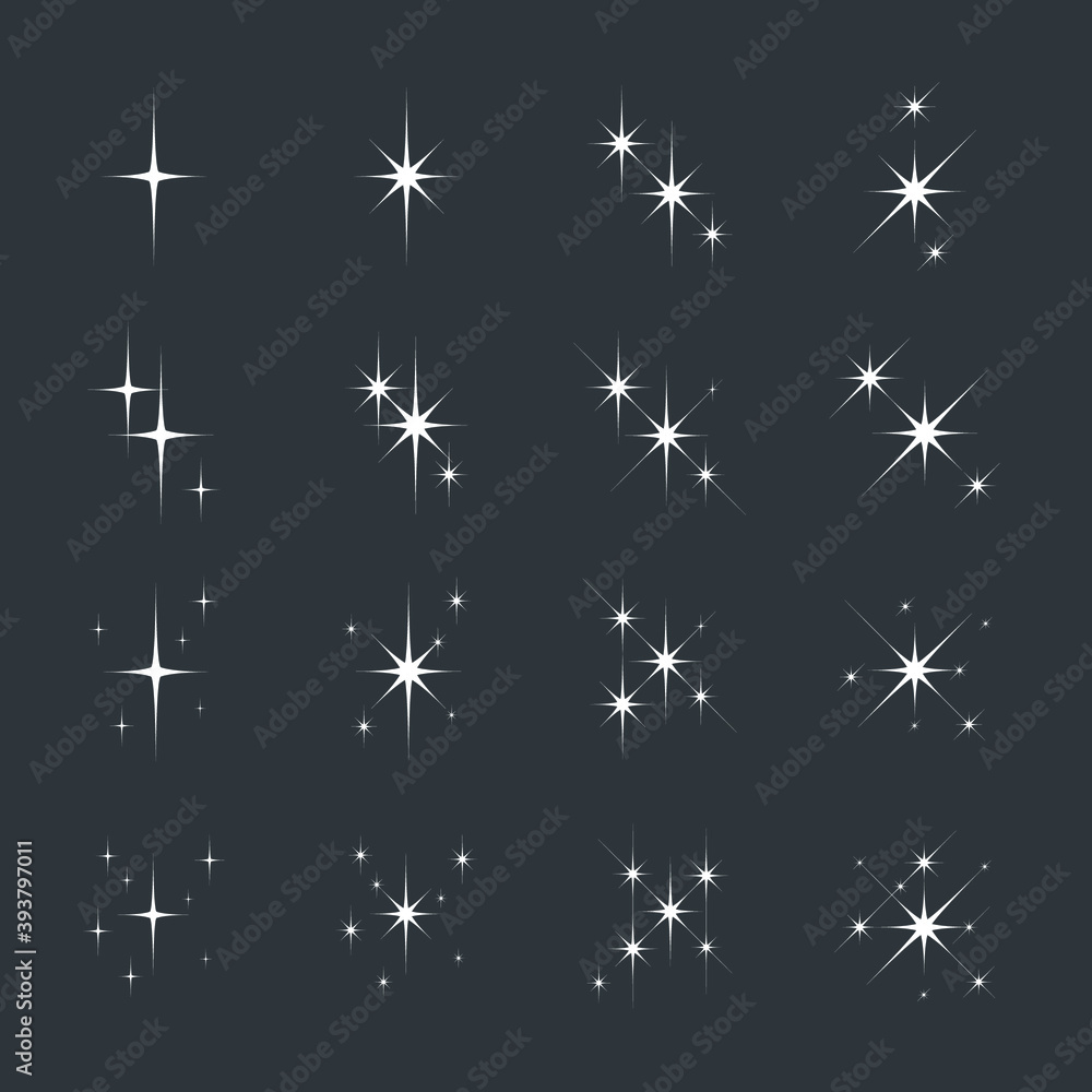 Sparkle effect vector. Different styles and patterns of the sparkling light stars, glowing in the dark background. Sparkle effect vector. Different styles and patterns of the sparkling light stars, glowing in the dark background.