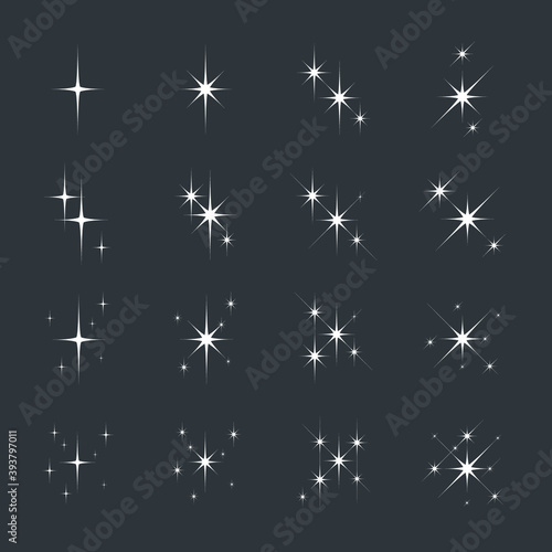 Sparkle effect vector. Different styles and patterns of the sparkling light stars, glowing in the dark background.